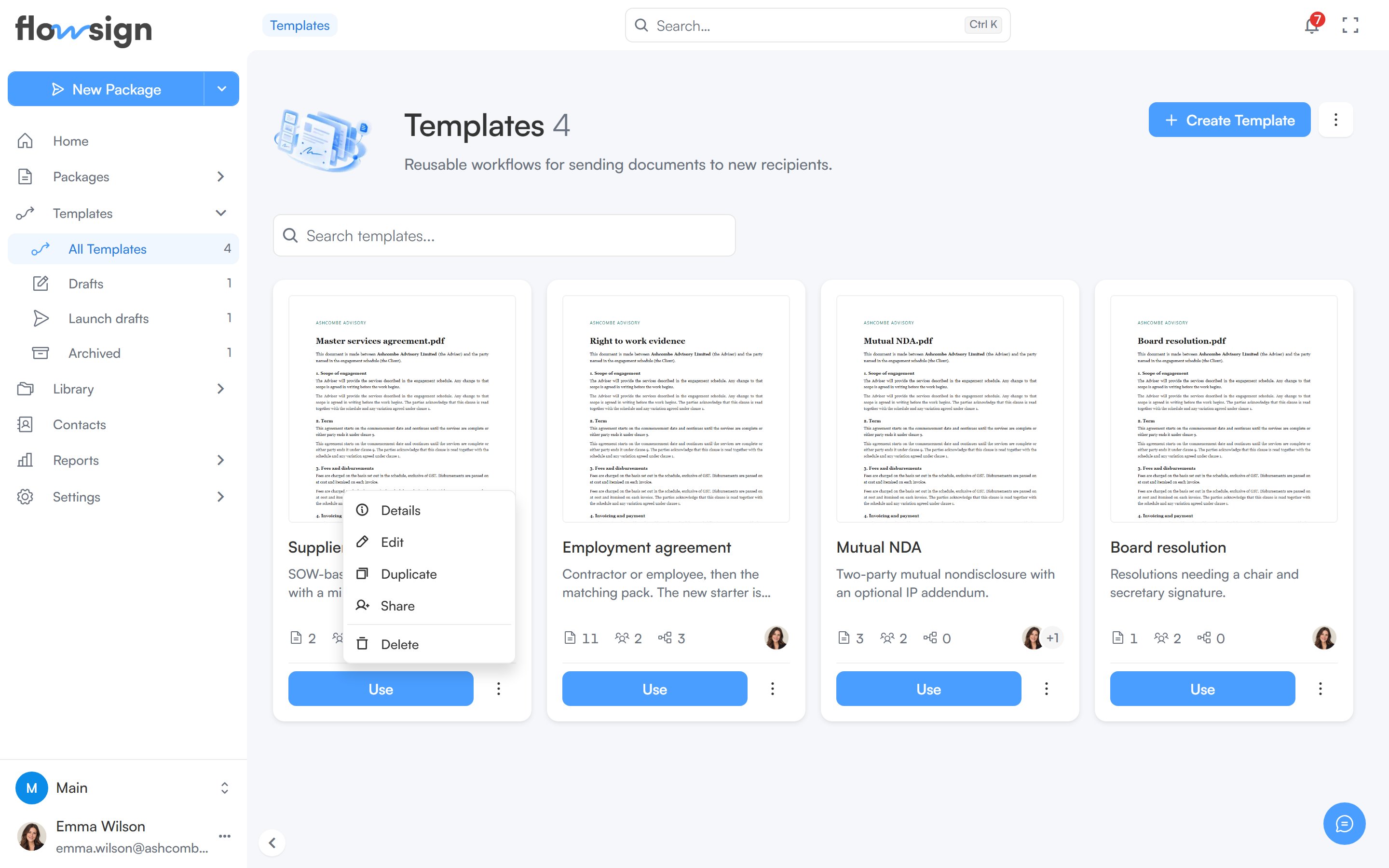 The Templates page with a template's menu open, showing Details, Edit, Duplicate, Share and Delete
