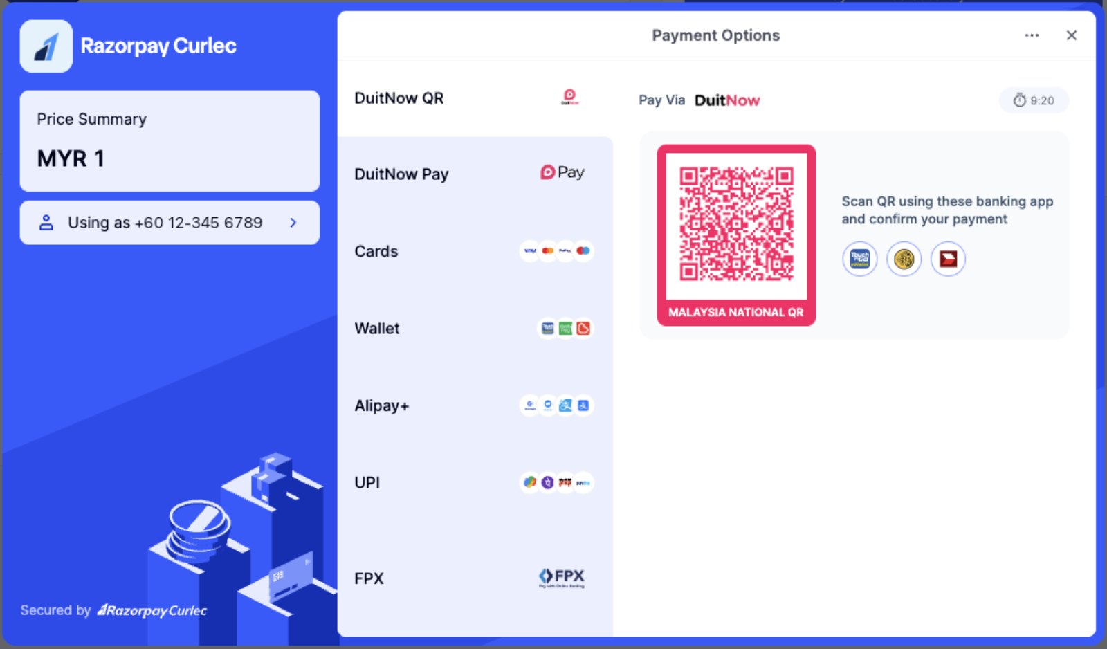 Checkout payment options with DuitNow QR first in the method list and its QR code open