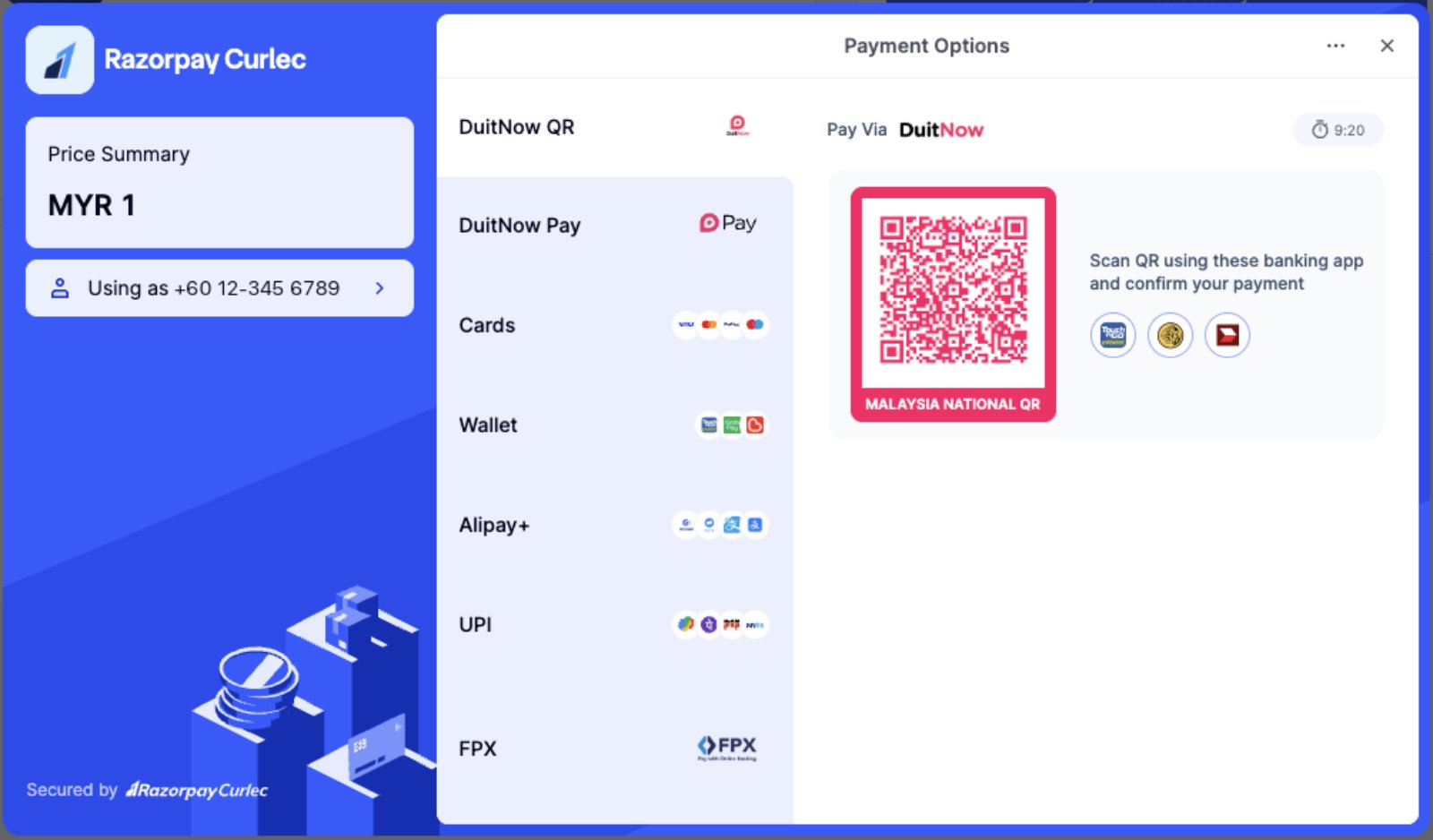 Checkout payment options with DuitNow QR first in the method list and its QR code open