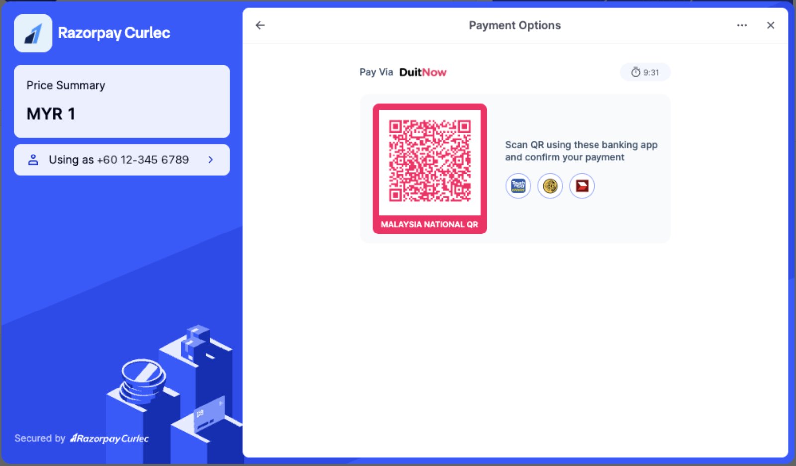 DuitNow QR code for MYR 1 with the countdown timer