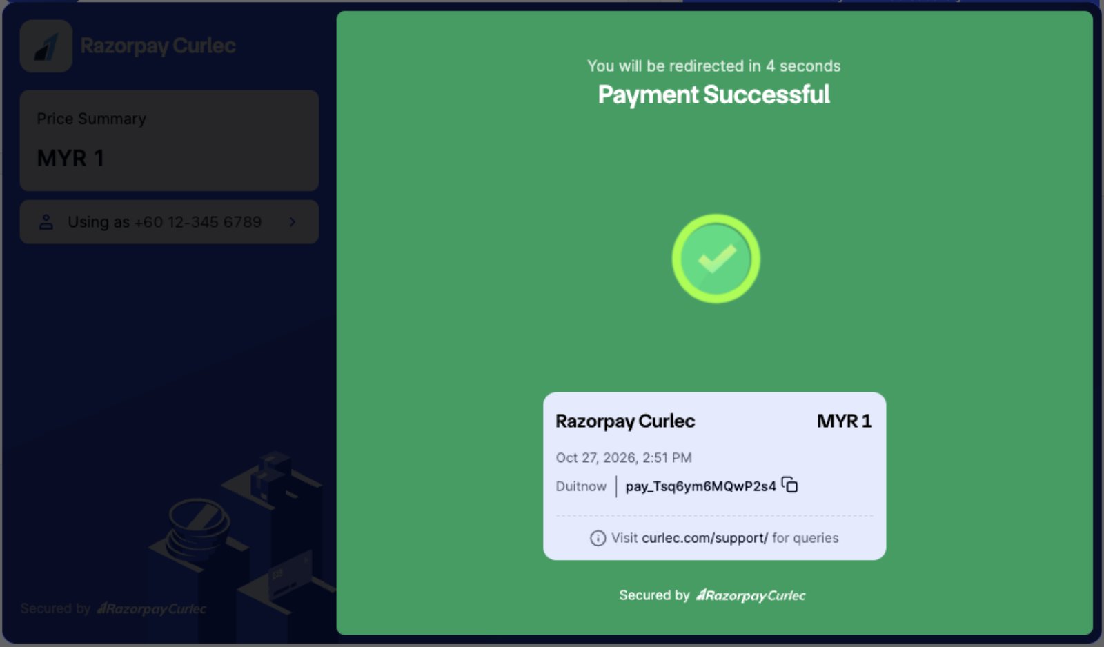 Checkout showing Payment Successful for a DuitNow payment of MYR 1
