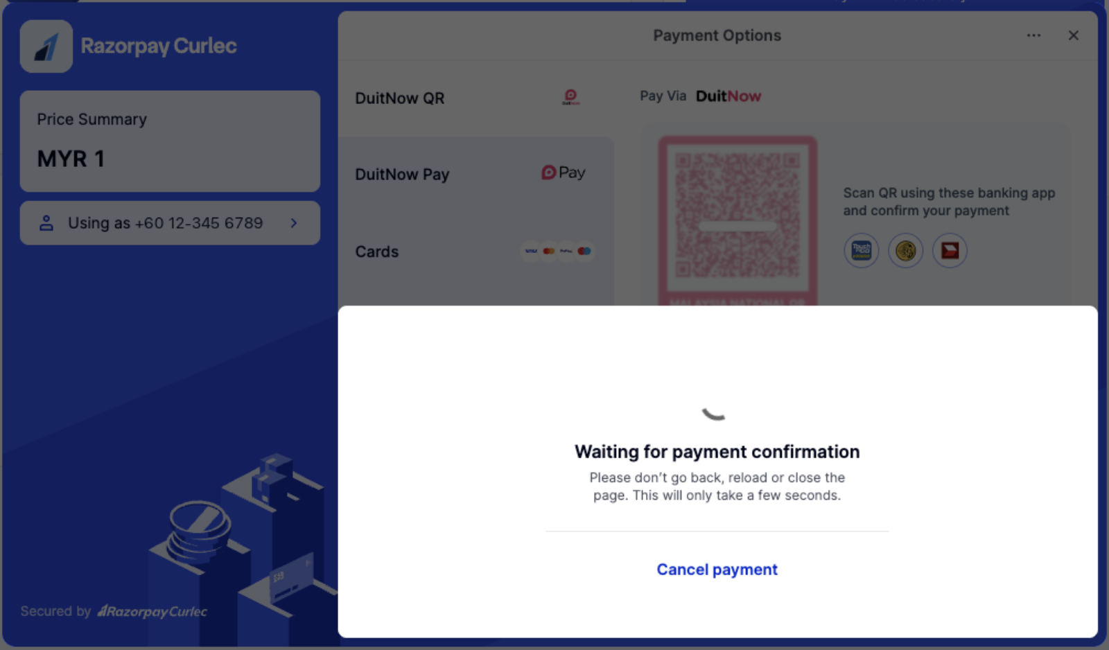 Checkout showing Waiting for payment confirmation