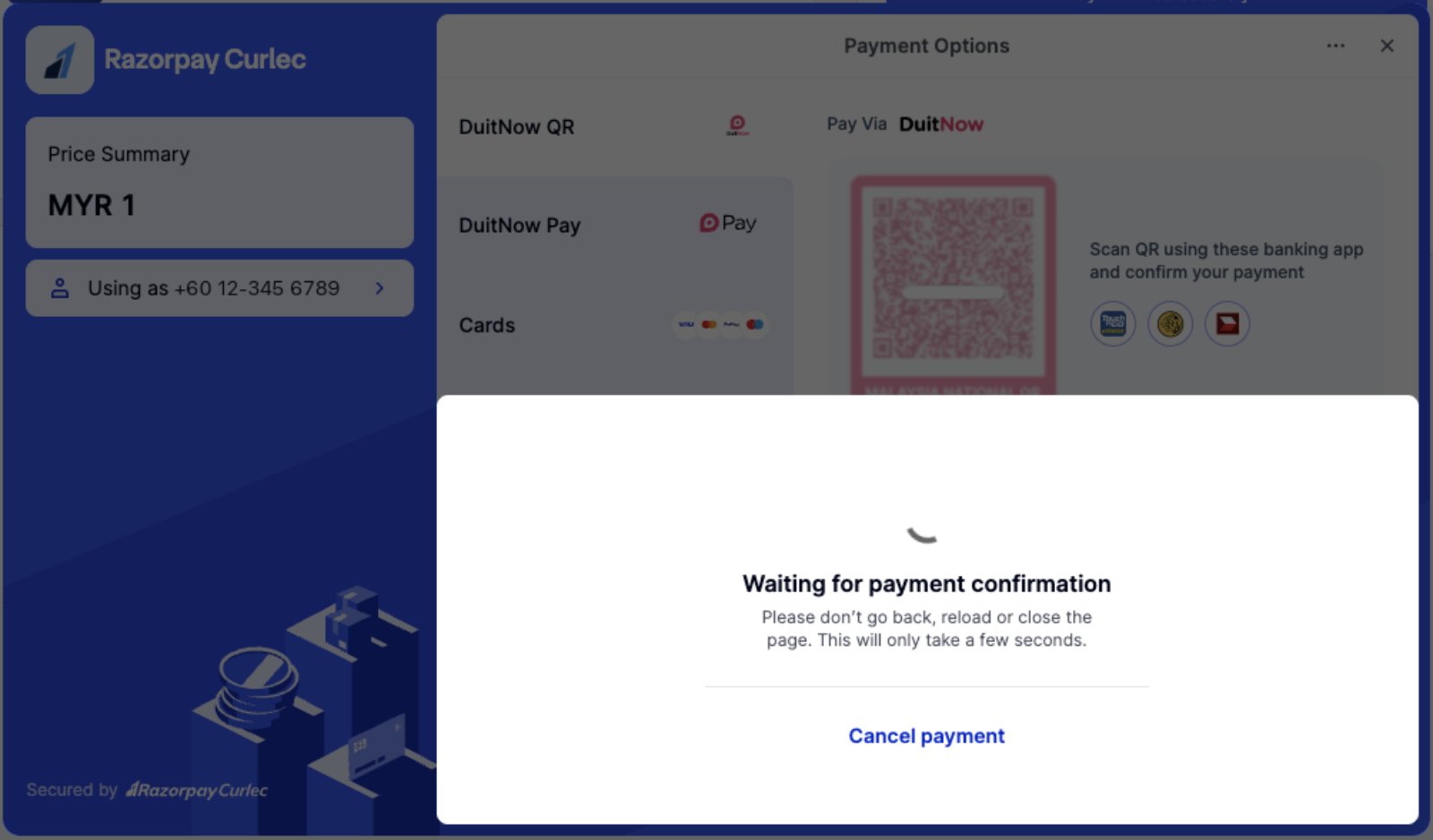 Checkout showing Waiting for payment confirmation