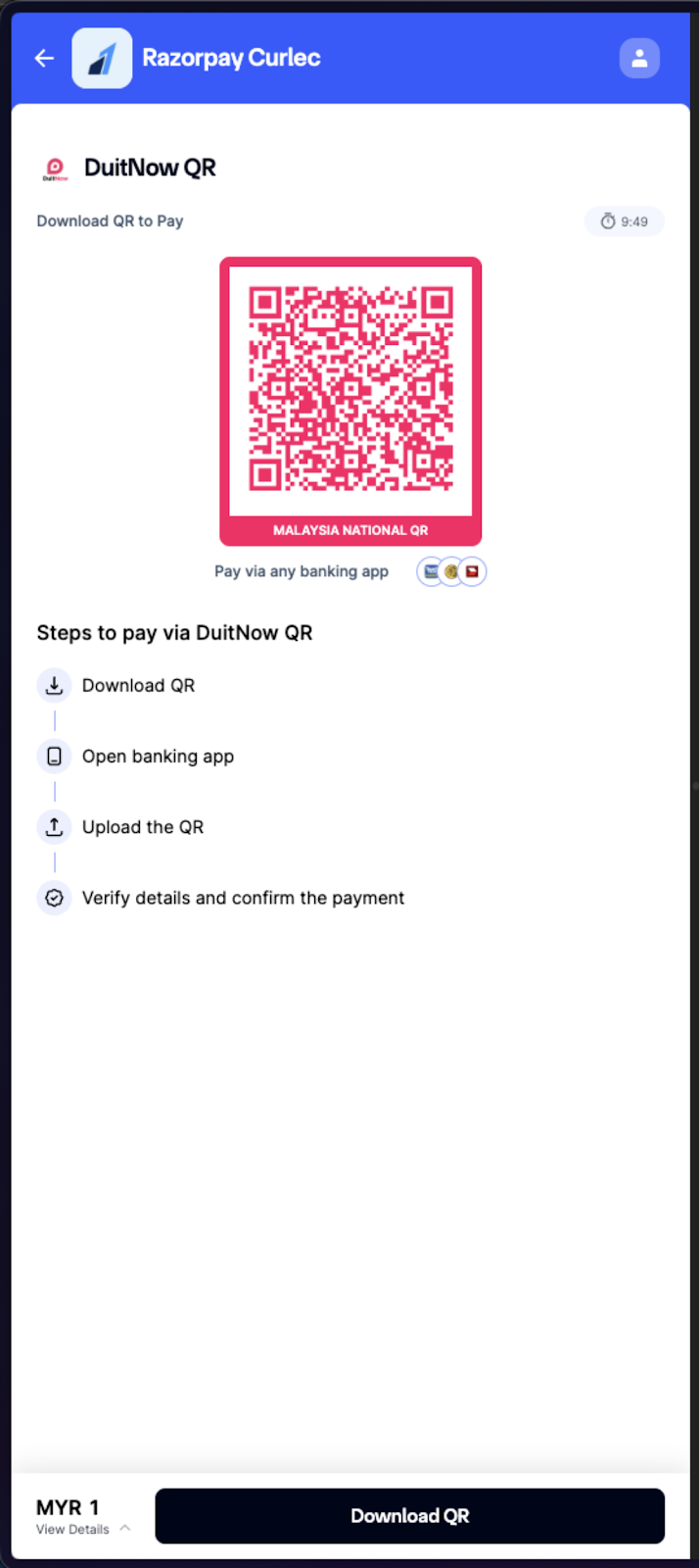 Mobile checkout showing the DuitNow QR code, the steps to pay and the Download QR button