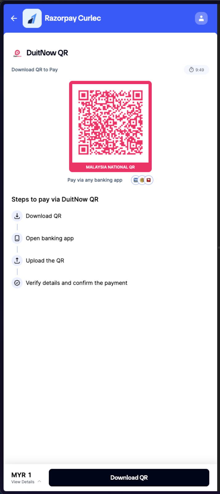 Mobile checkout showing the DuitNow QR code, the steps to pay and the Download QR button