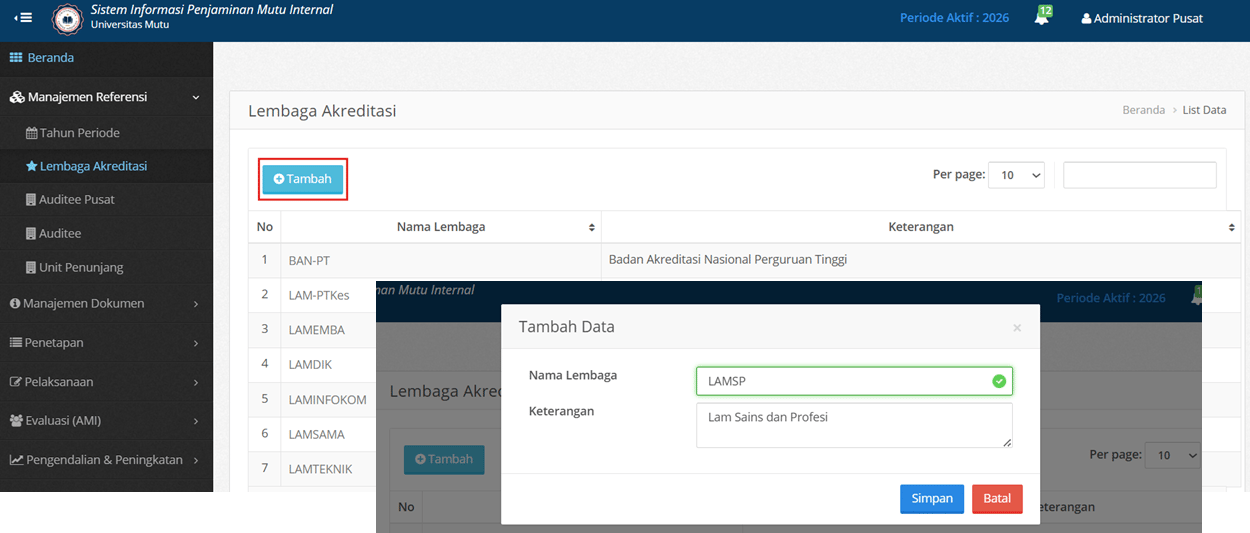 Spmi Form Tambah Lembaga