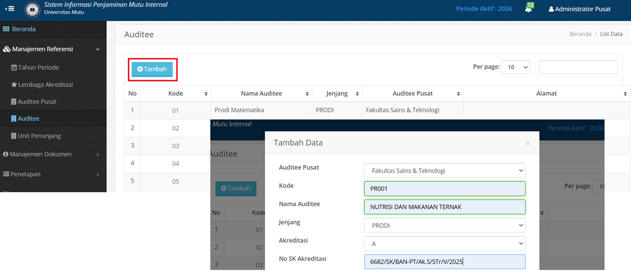 Auditee Form Tambah