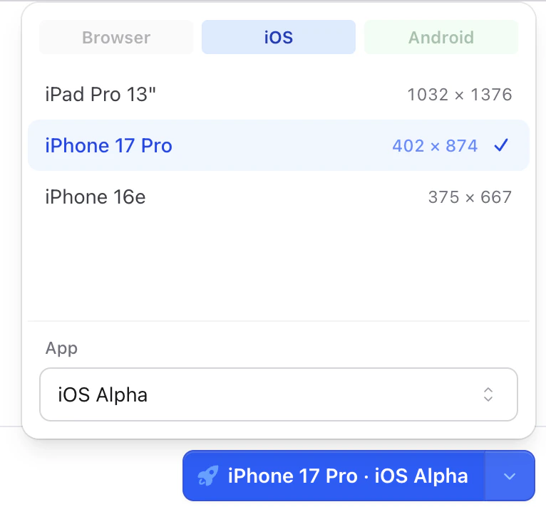 Start Screen launcher with the iOS tab open, iPhone 17 Pro selected, and iOS Alpha picked as the app