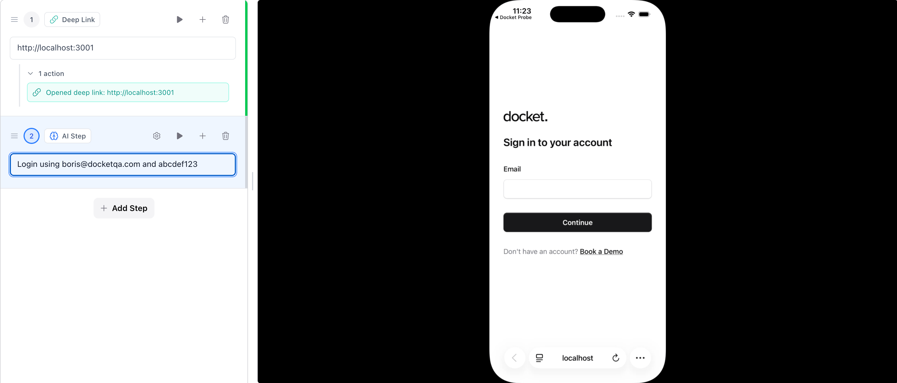 iOS test using a localhost deep link through the Docket tunnel