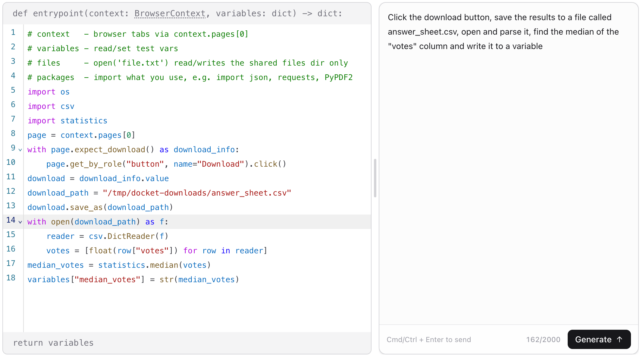 The Code Step editor with the AI assistant