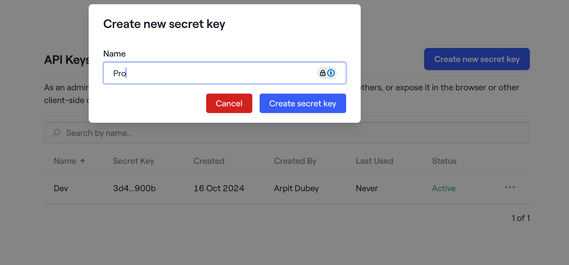 Workspace API keys on Dock