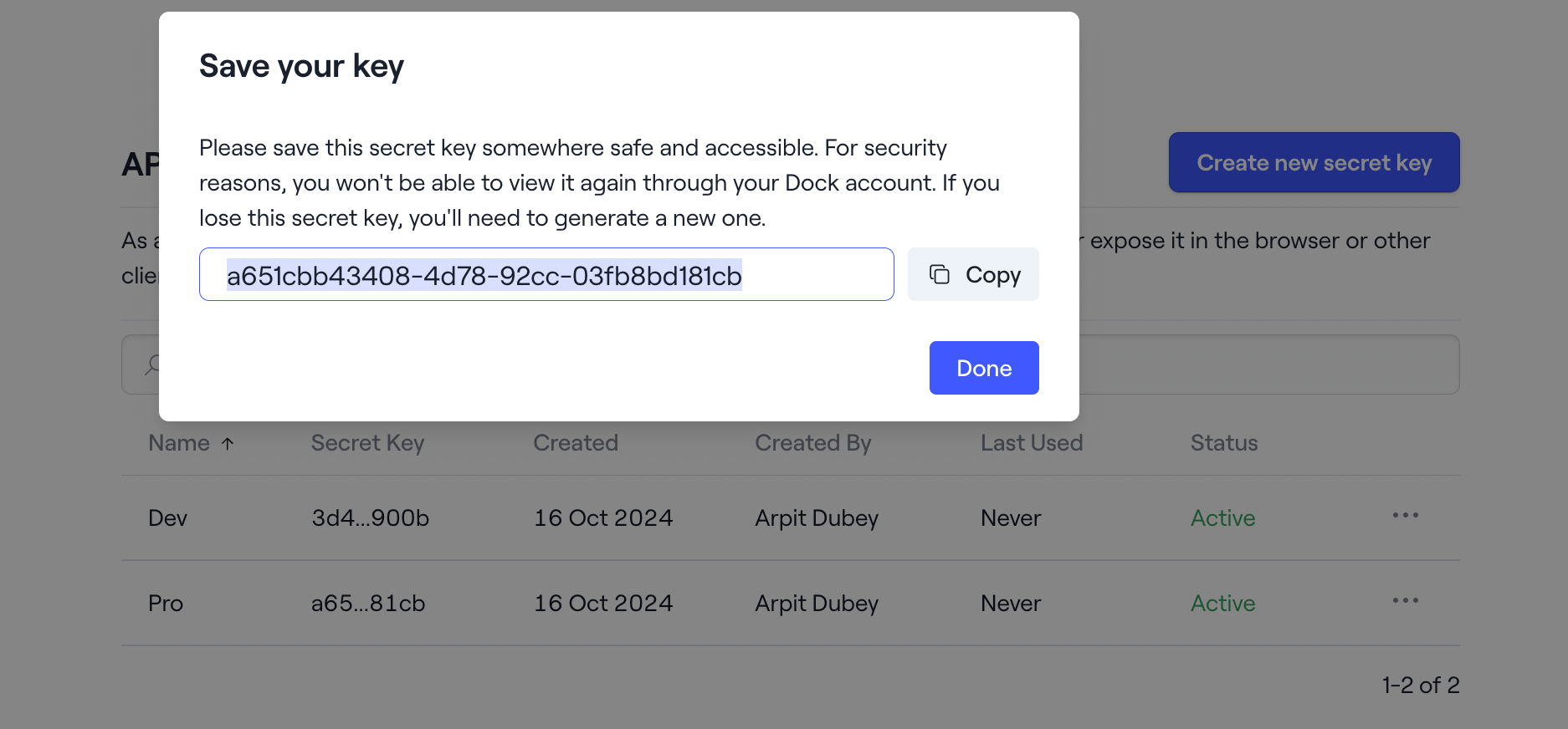 Workspace API keys on Dock