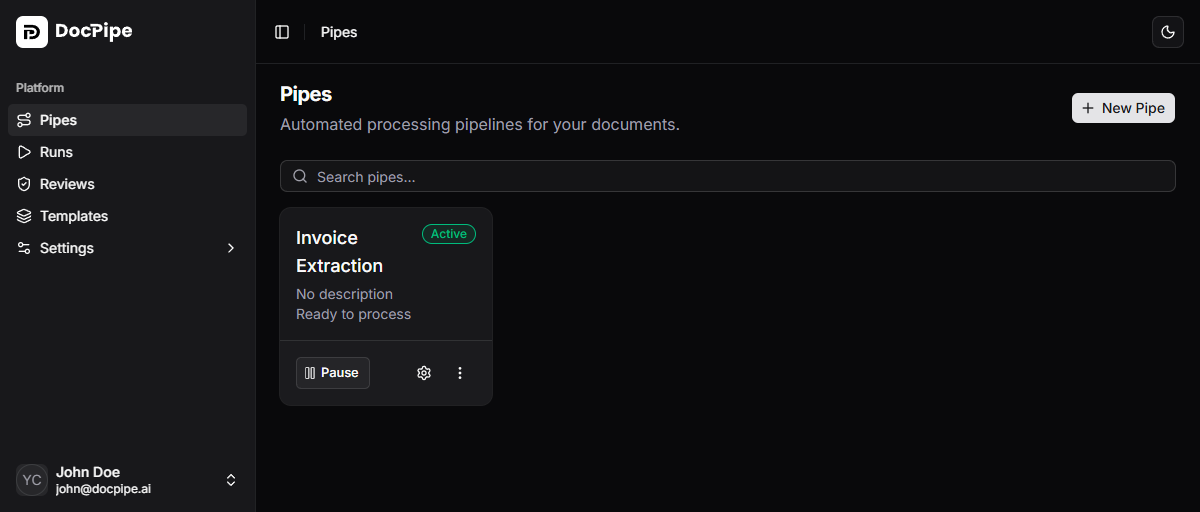 Pipes list view showing pipe cards with status, file count, and last activity