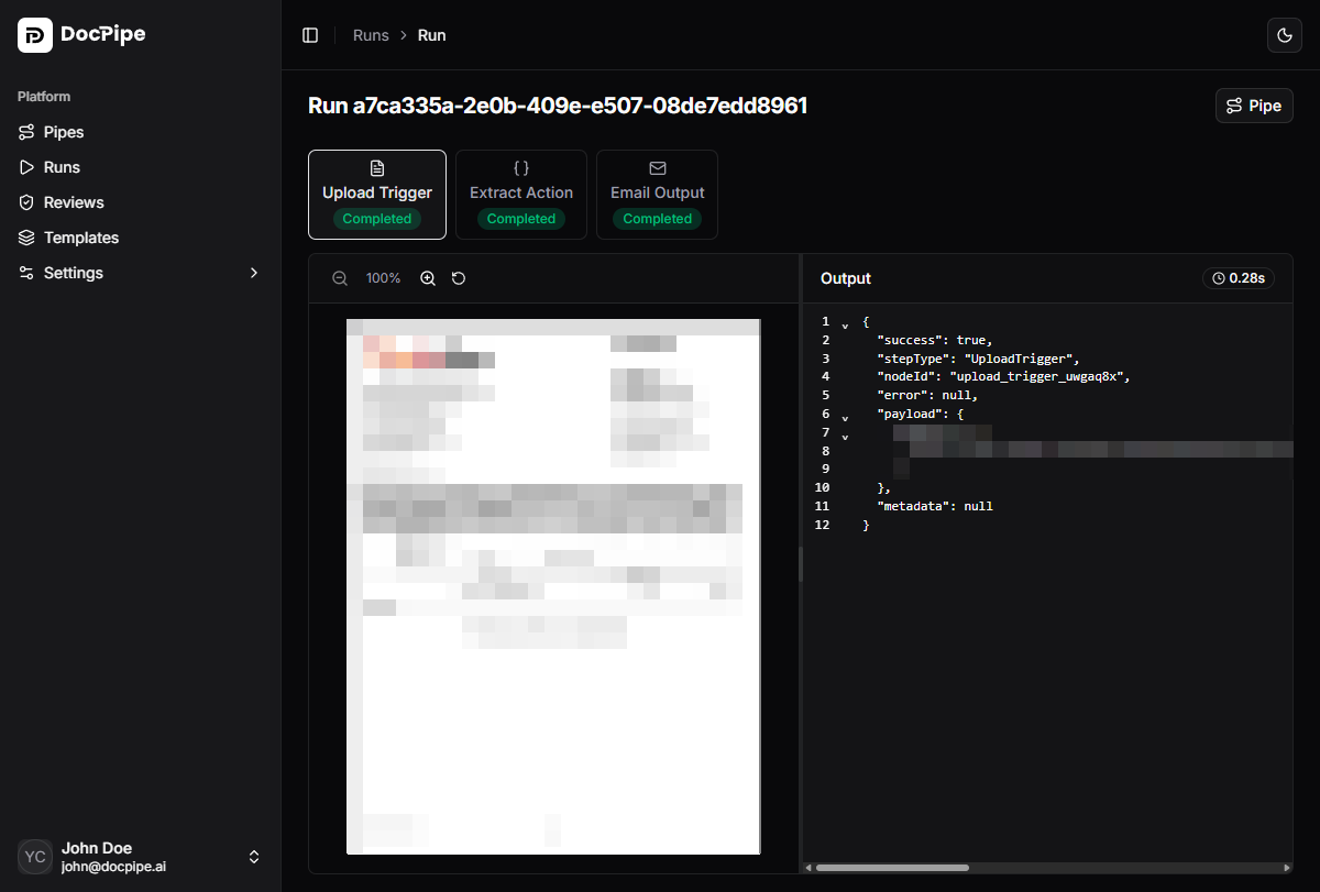 Run detail showing step timeline and extracted data