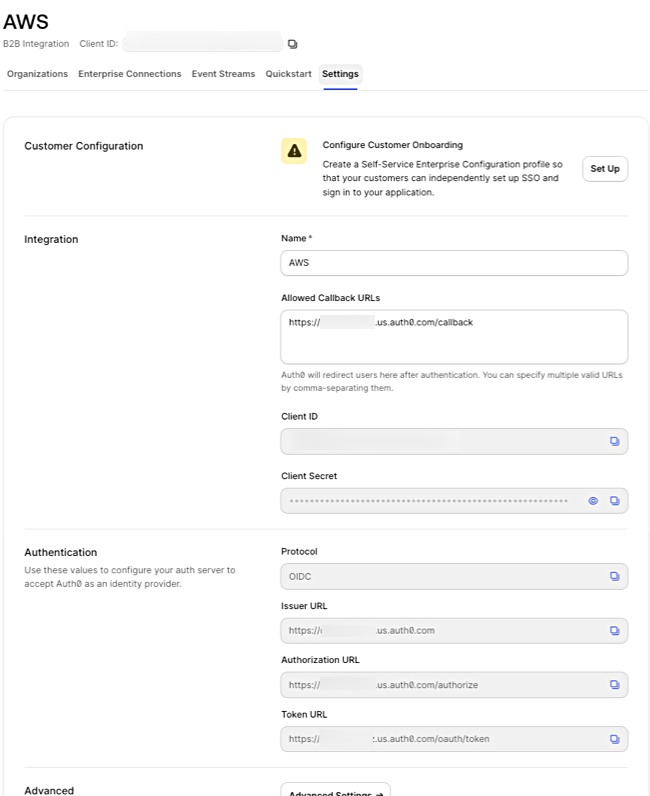 Copy Client ID, Client Secret, and Issuer URL from your integration settings