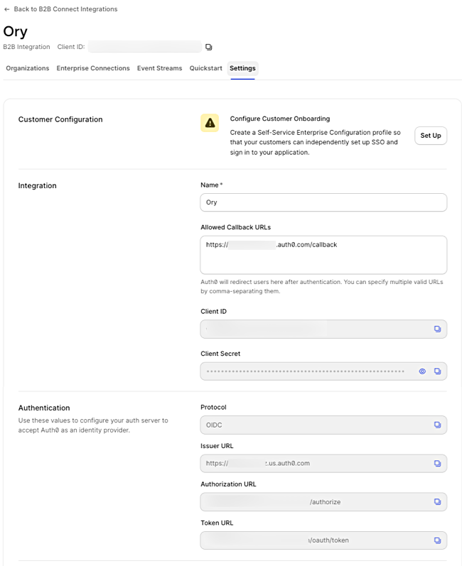 Copy Client ID, Client Secret, and Issuer URL from your integration settings