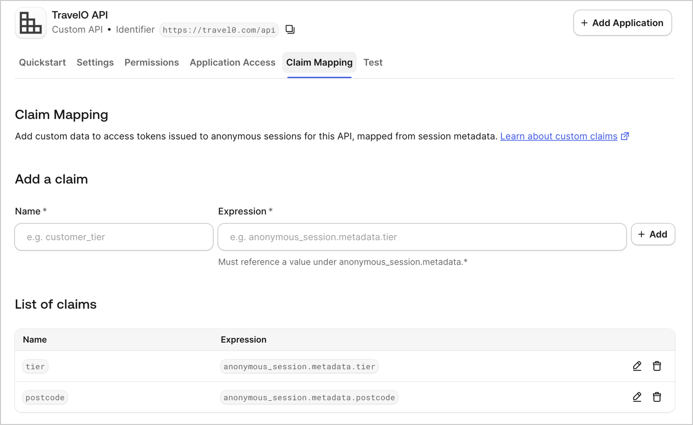 The Application claim mapping page in the Auth0 Dashboard