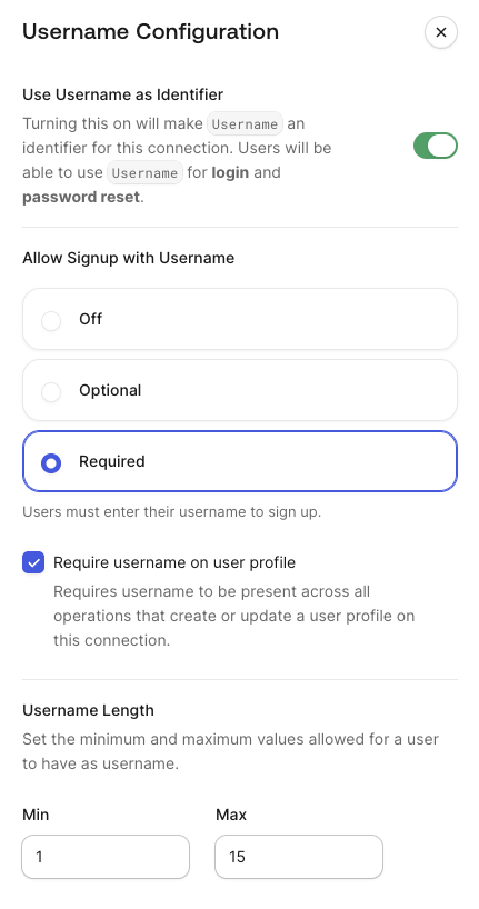 Enable or disable require username setting