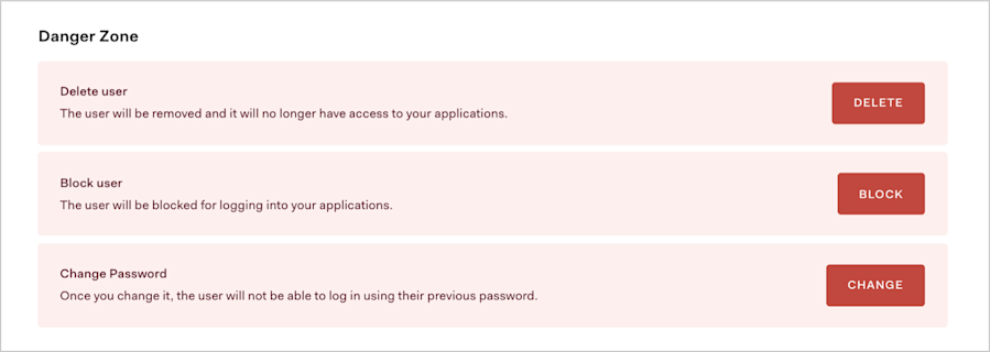 The Danger Zone section of the user's Details tab