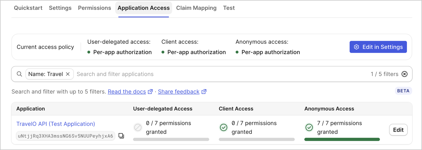 The API application access settings page in the Auth0 Dashboard