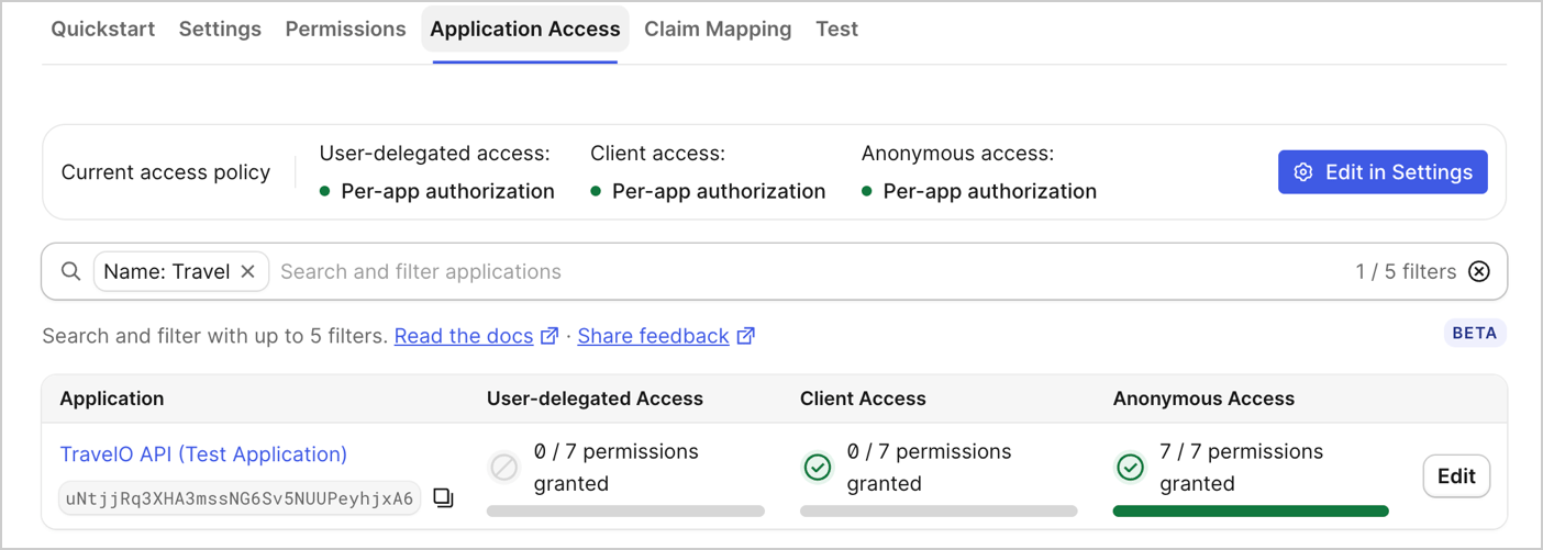 The API application access settings page in the Auth0 Dashboard