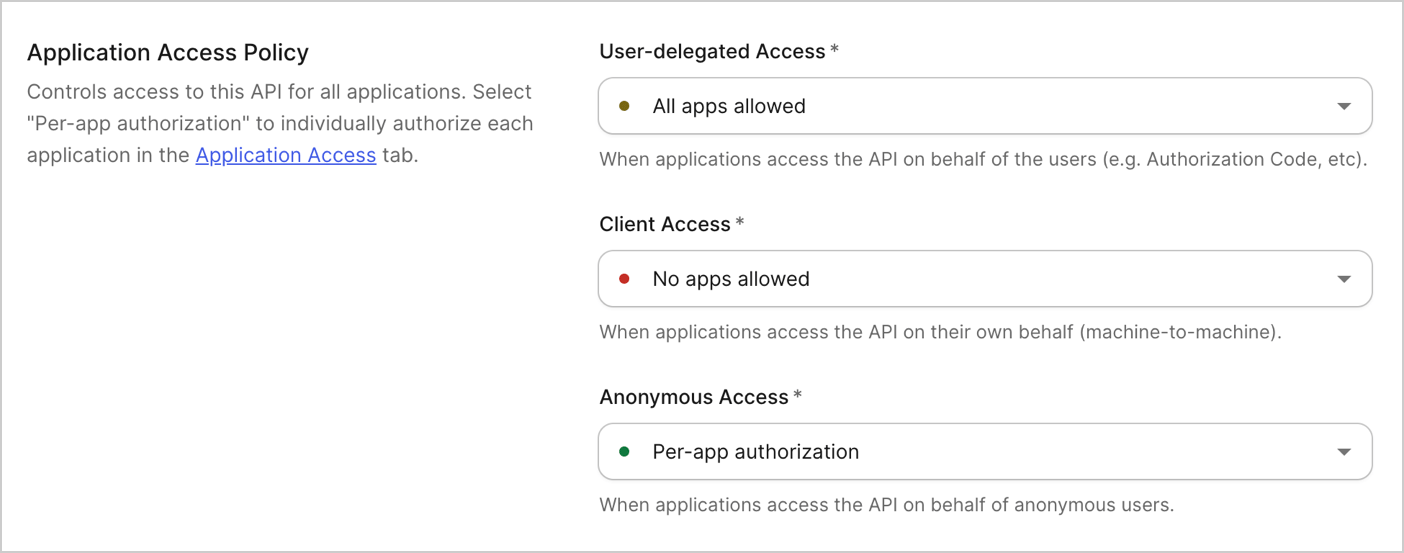 The Application access policy settings page in the Auth0 Dashboard