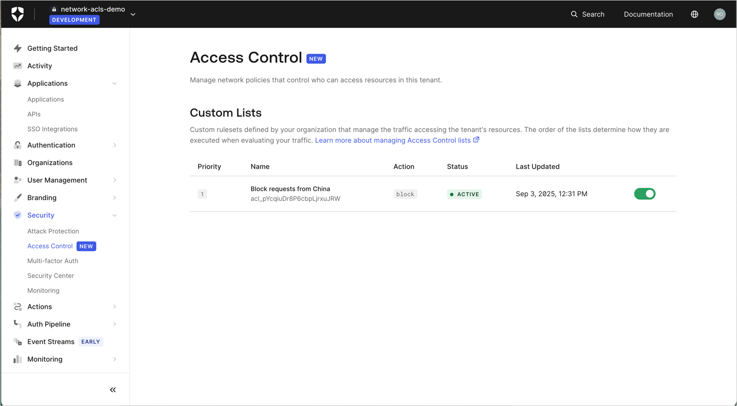 View list of Tenant ACL rules in the Auth0 Dashboard