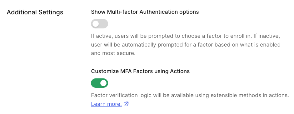 Auth0 Dashboard > Sécurité > Multi-factor Auth > Additional Settings