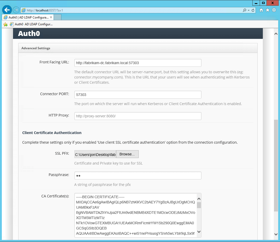 Écran Setup de configuration de l’authentification du Connector AD/LDAP avec des certificats clients