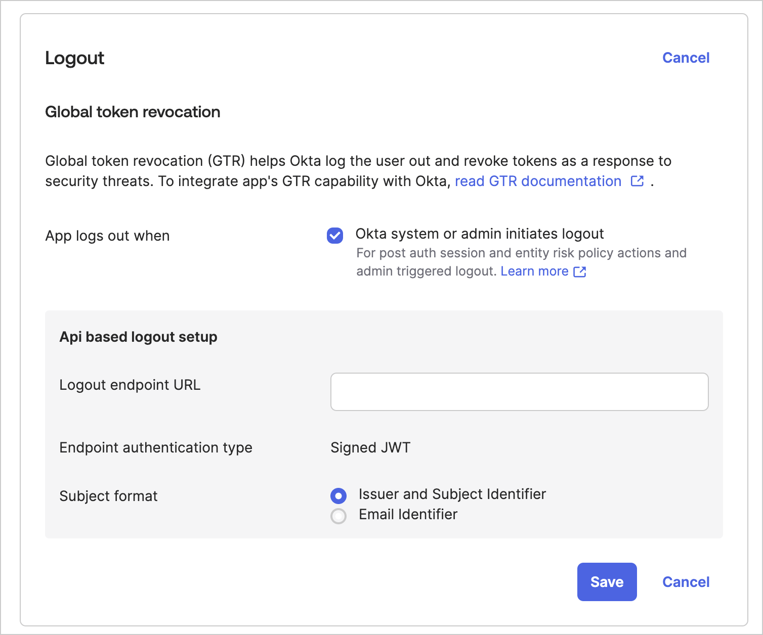 Image du tableau de bord Okta pour la configuration de Universal Logout