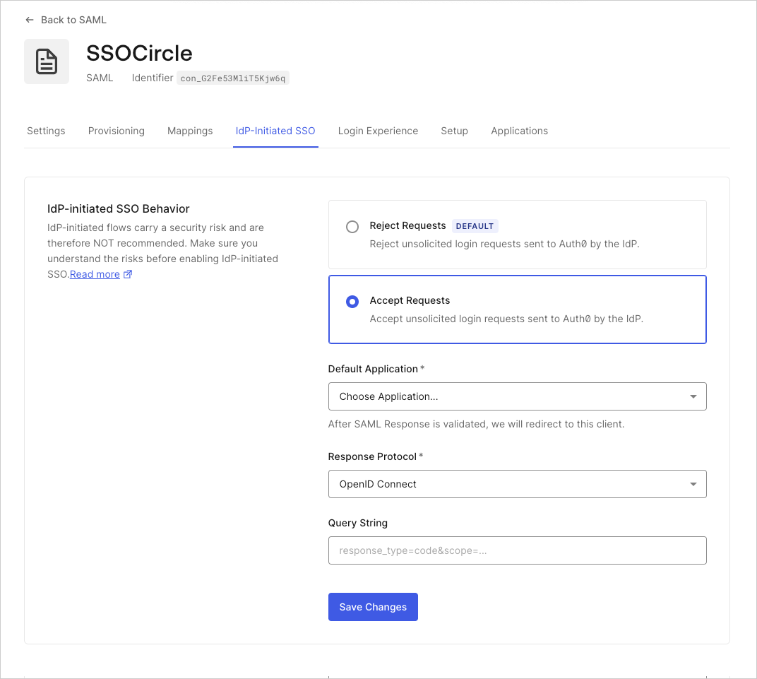 Protocols IdP-initiated SSO Configuration Screen