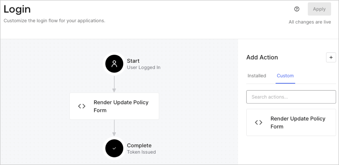 Dashboard > Forms > cas d’utilisation > action de connexion pour afficher le formulaire de mise à jour de la politique