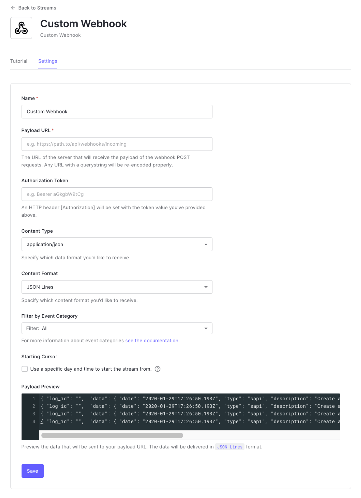 Dashboard Monitoring Streams Custom Webhook Settings Tab