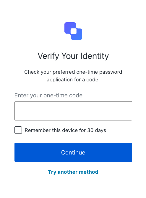 ユーザーにワンタイムコードの入力を求める「Verify Your Identity」画面