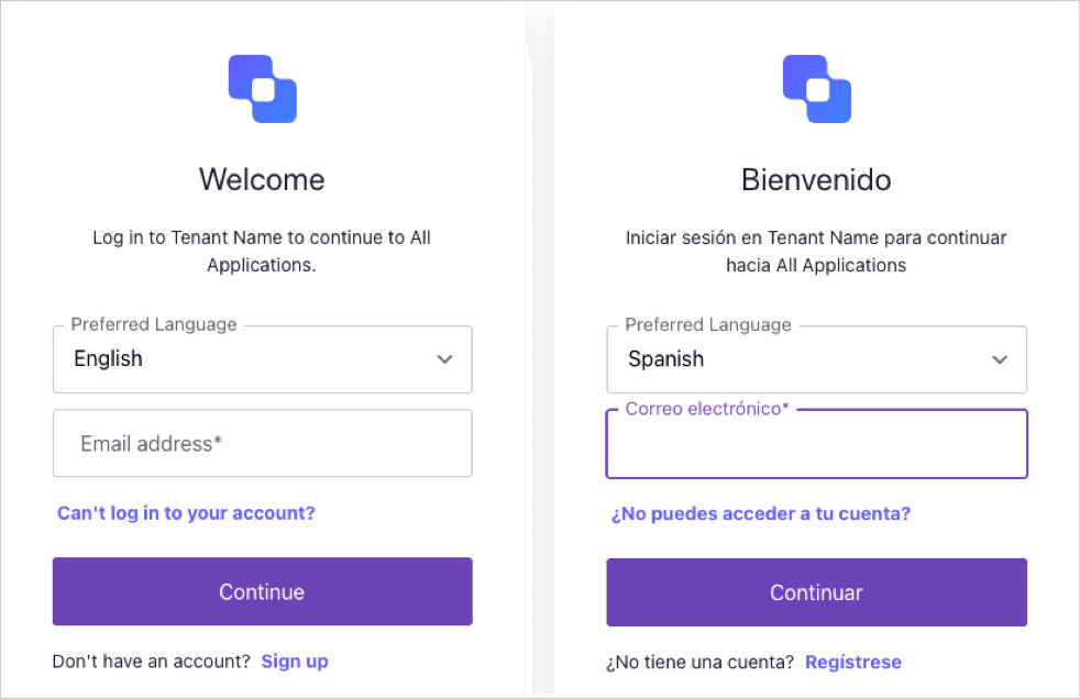 Two Universal Login prompts showing the language selection menu.
