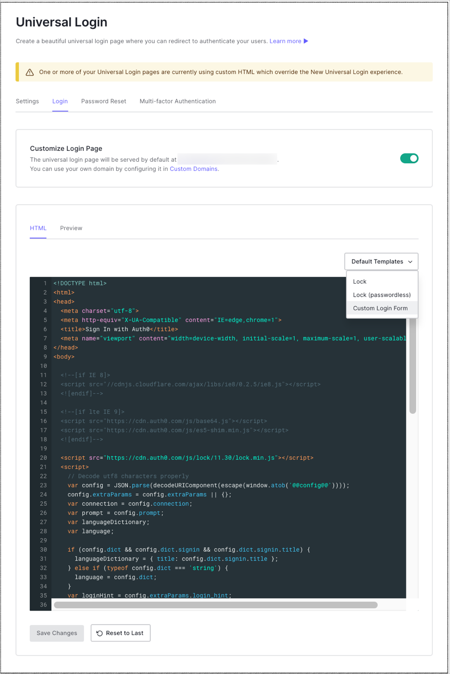 Auth0 Dashboard Branding Universal Login Classic Login タブ Custom Login Form