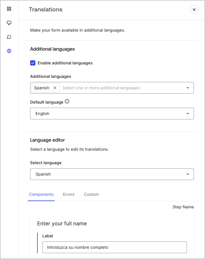 Dashboard > Forms > Custom messages and translations > Translation message