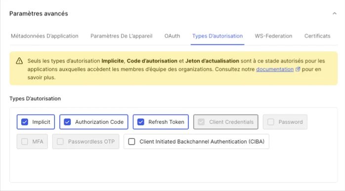 Dashboard Applications Applications Advanced Settings Grant Types tab
