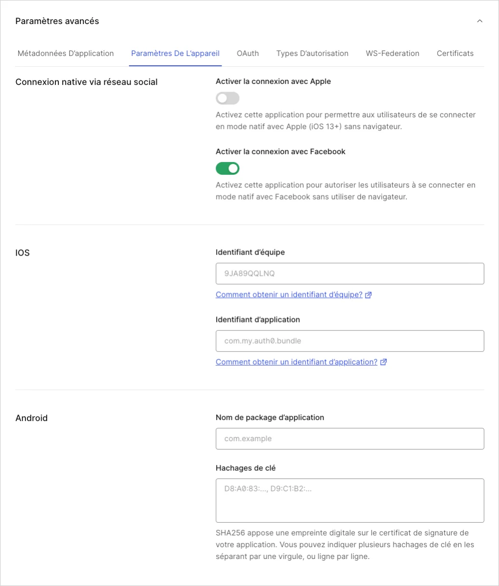 Application Client Settings: Advanced Device Settings