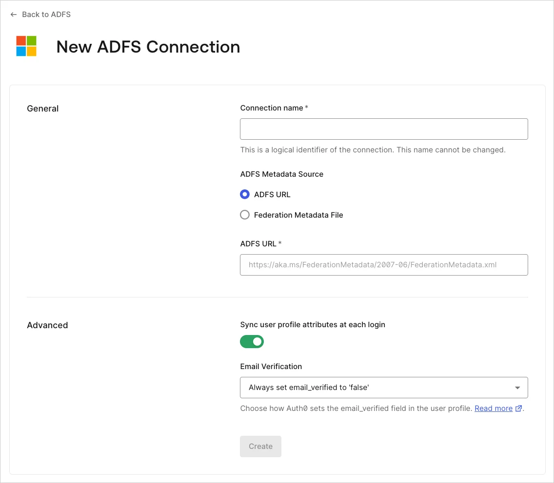Protocols WS-Fed Import Federation Metadata File ADFS Connection Screen