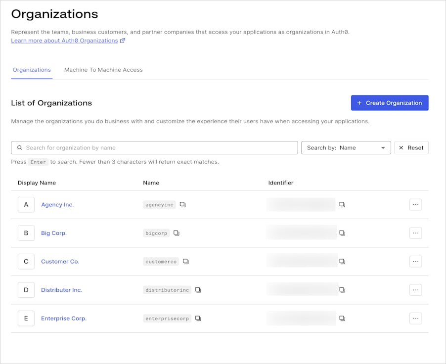 Auth0 Dashboard - Organizations - Search Bar