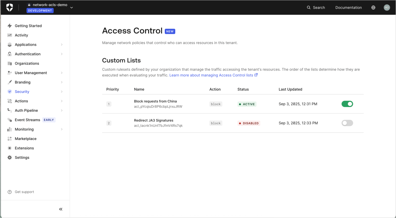 Enable or disable a Tenant ACL rule in the Auth0 Dashboard