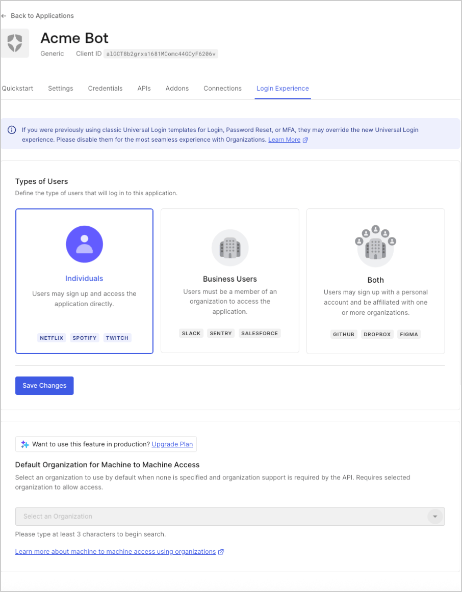 Auth0 Dashboard > Applications > select Login Experience