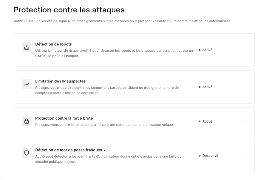 Dashboard (Tableau de bord) - Security (Sécurité) - Attack Protection page (Page de protection contre les attaques)