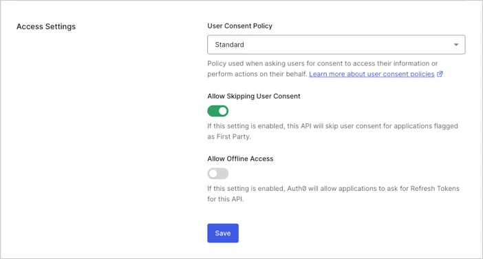 Dashboard Applications APIs Settings Tab Access Settings