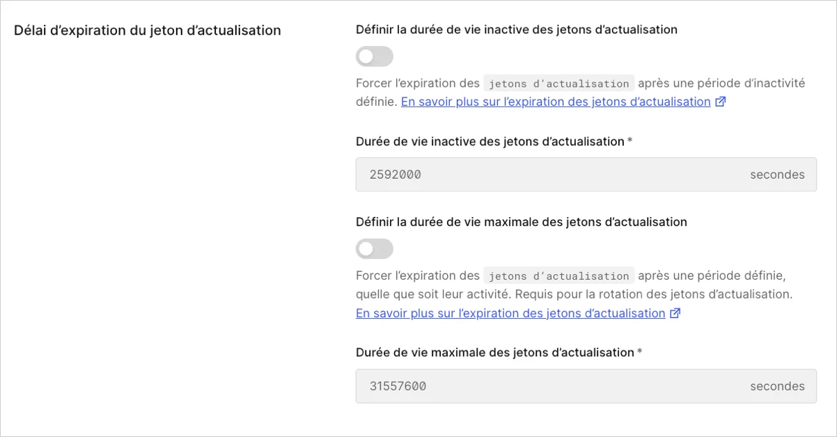 Dashboard (Tableau de bord) Applications Onglet Applications Settings (Paramètres d’application) Refresh Token Expiration (Expiration du jeton d’actualisation)