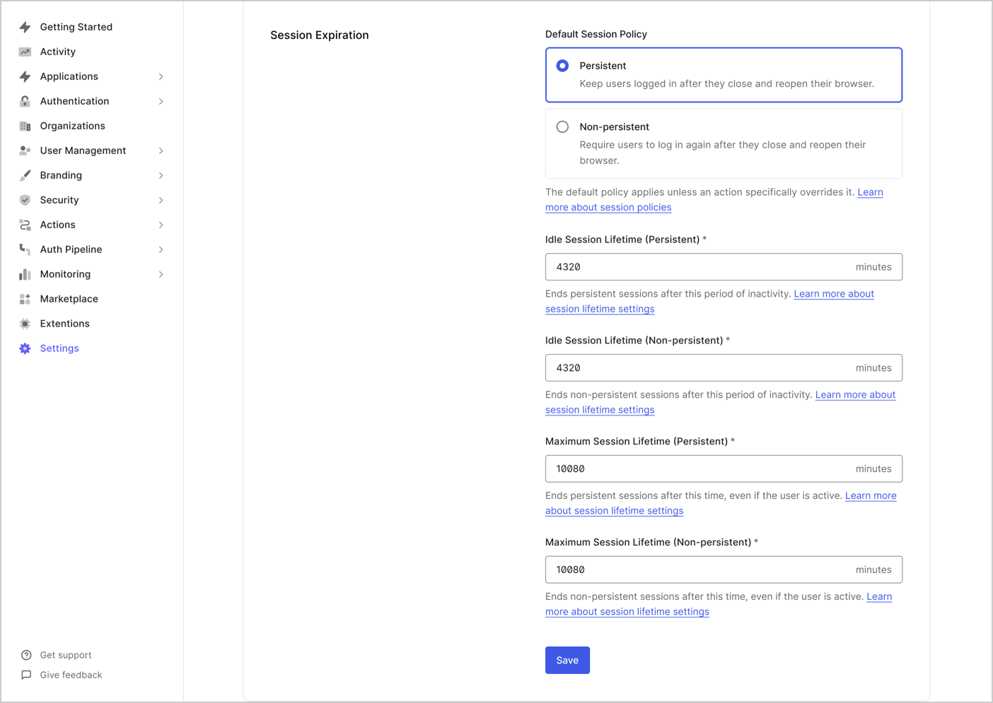 Dashboard > Tenant > Settings > Advanced > Session Expiration