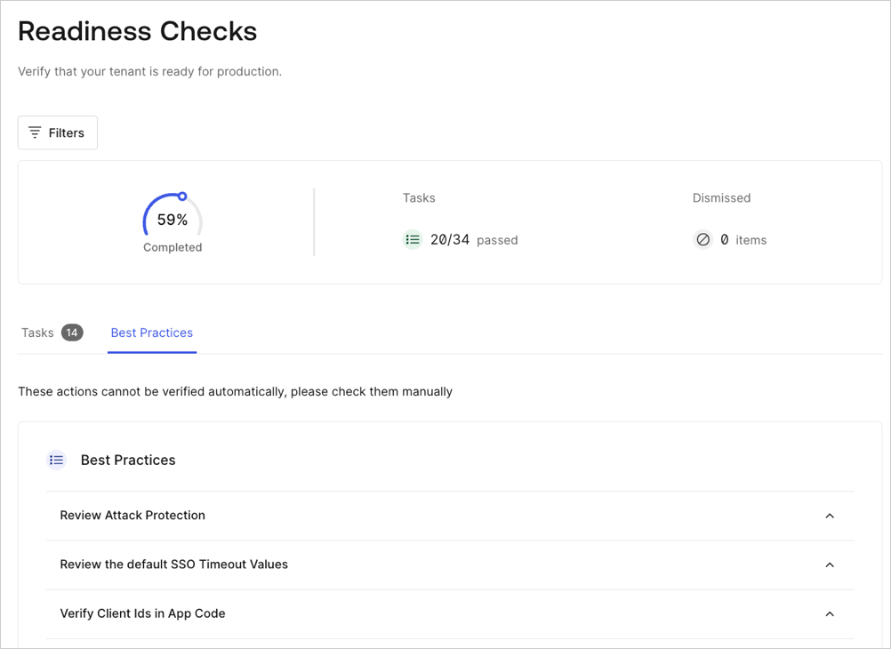 Auth0 Dashboard > Readiness Checklist