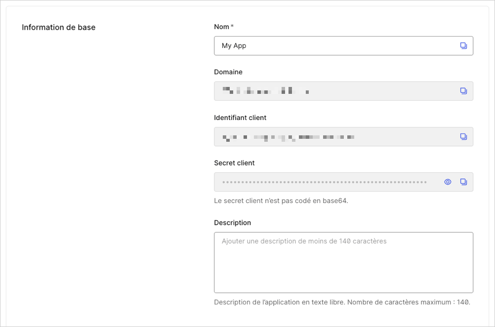 Dashboard Onglet Paramètres d’application Information de base