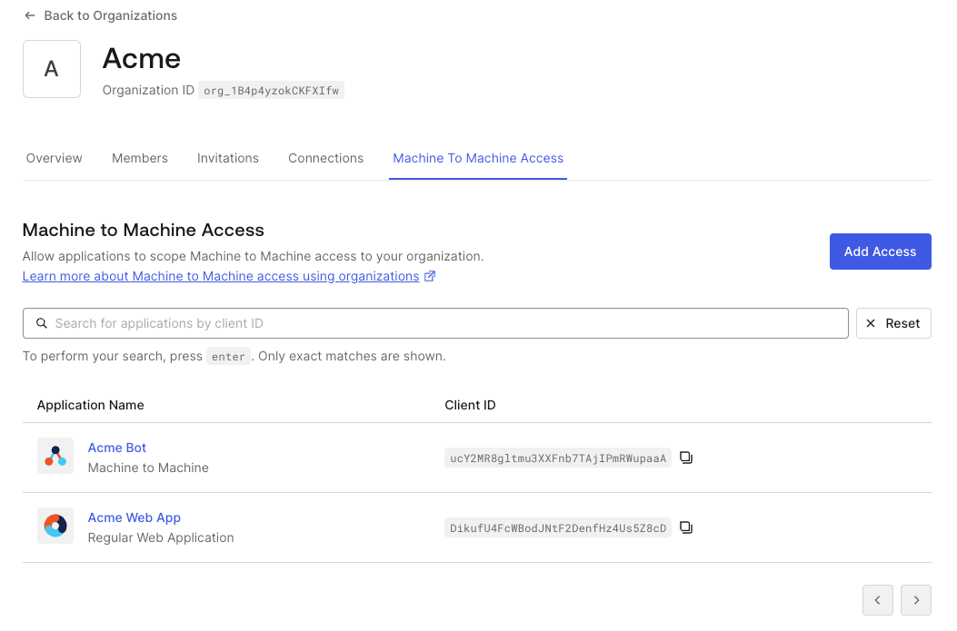 Auth0 Dashboard showing a paginated list of applications with direct M2M access association to an organization